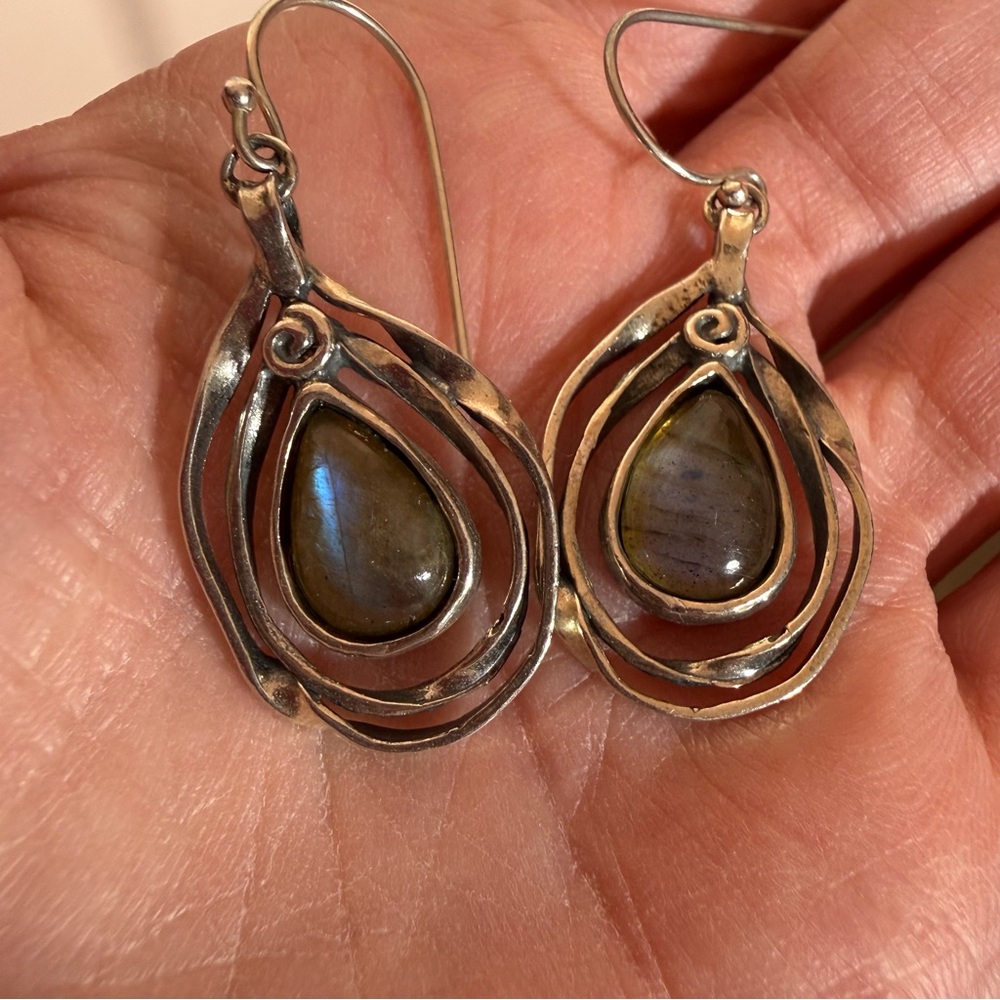 Vintage Sterling silver Israel labradorite brutalist modernist designer earrings - Picture 7 of 14